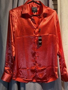 Barabas Red Satin Button-Up Shirt Size Small NWT